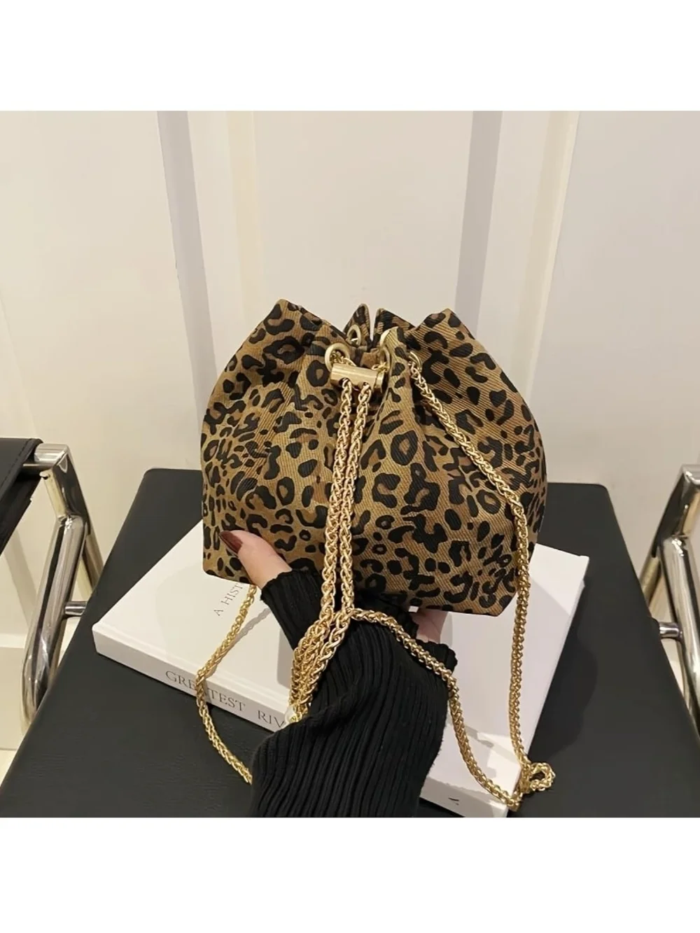 Leopard Print Drawstring Bucket Bag with Gold Chain